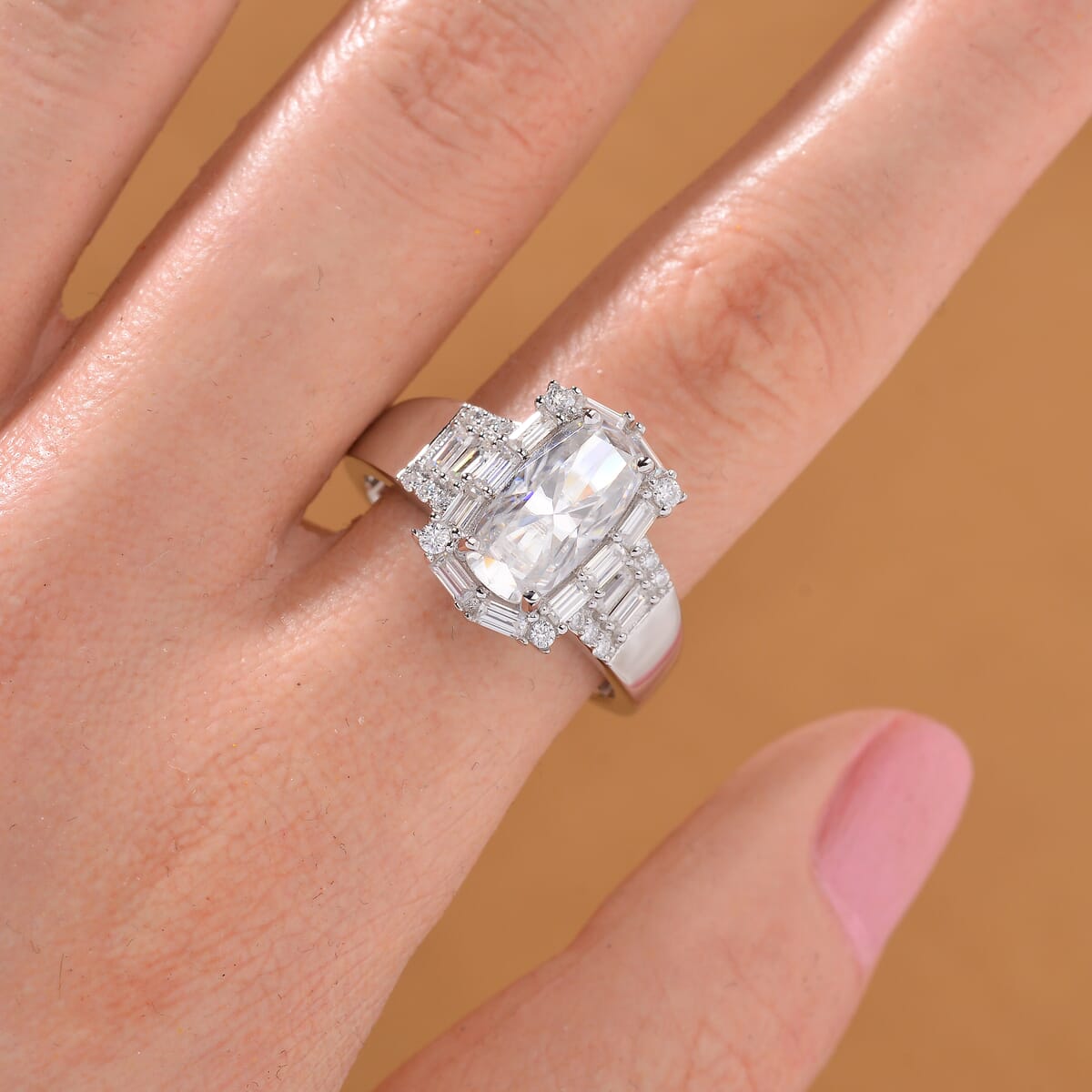 Moissanite 3.35 ctw Ring in Rhodium Over Sterling Silver (Size 6.0) image number 1