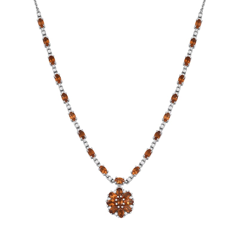 D'Joy Ceylon Honey Garnet, White Zircon Necklace in Rhodium Over Sterling Silver 8.90 ctw (18 Inches)