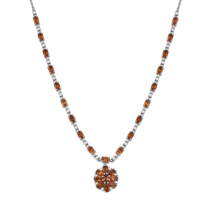 D'Joy Ceylon Honey Garnet, White Zircon Necklace in Rhodium Over Sterling Silver 8.90 ctw (18 Inches)