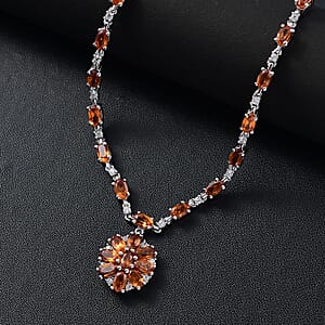 D'Joy Ceylon Honey Garnet, White Zircon Necklace in Rhodium Over Sterling Silver 8.90 ctw (18 Inches)