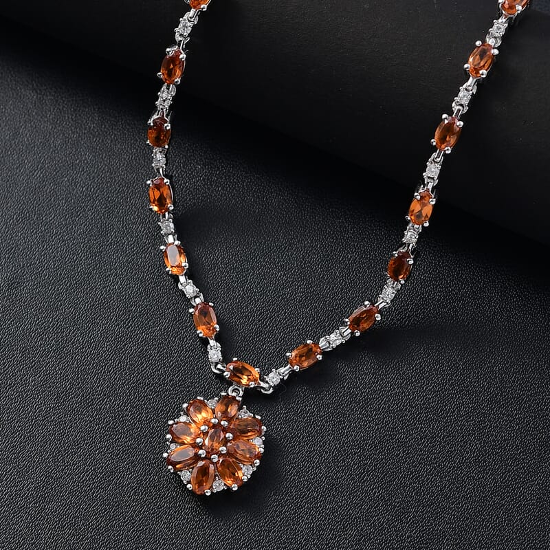 D'Joy Ceylon Honey Garnet, White Zircon Necklace in Rhodium Over Sterling Silver 8.90 ctw (18 Inches)