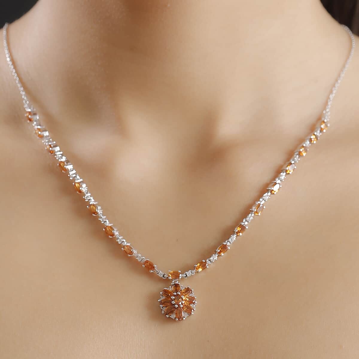 Ceylon Hessonite Garnet and White Zircon 8.90 ctw Necklace in Rhodium Over Sterling Silver 18 Inches image number 2