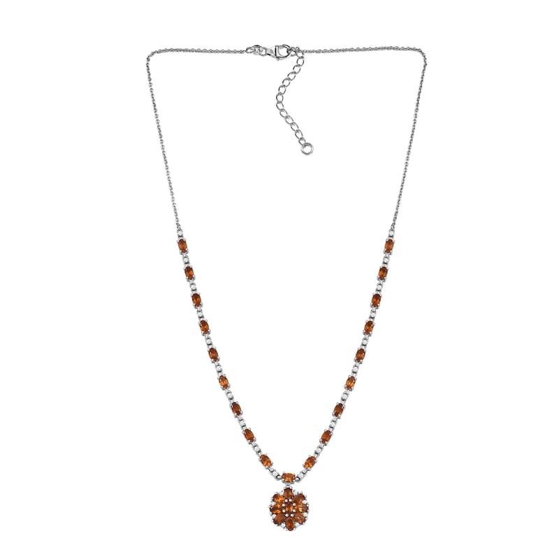 D'Joy Ceylon Honey Garnet, White Zircon Necklace in Rhodium Over Sterling Silver 8.90 ctw (18 Inches)