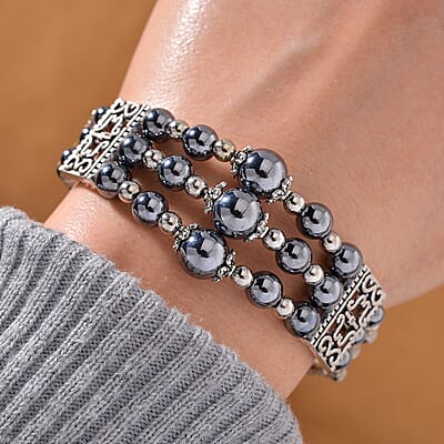Terahertz 50.00 ctw Beaded Bangle Bracelet in Silvertone (7.0-9.0In)