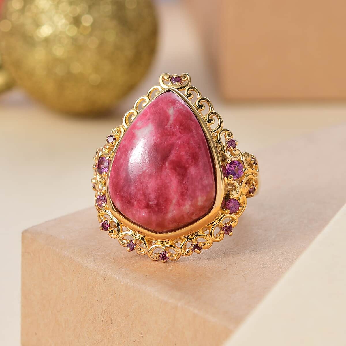 Karis Norwegian Thulite and Orissa Rhodolite Garnet 17.40 ctw Ring in 18K Yellow Gold Plated image number 1