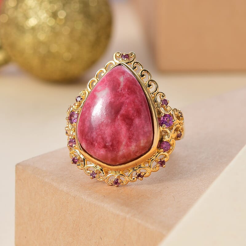 Karis Norwegian Thulite and Orissa Rhodolite Garnet 17.40 ctw Ring in 18K Yellow Gold Plated (Size 10.0)