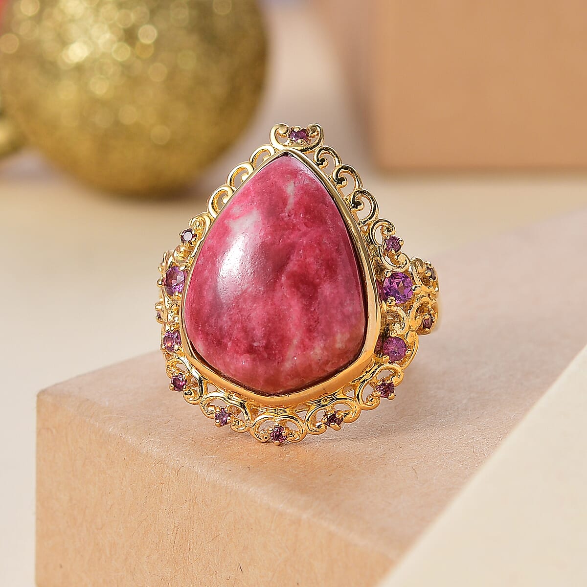 Karis Norwegian Thulite and Orissa Rhodolite Garnet 17.40 ctw Ring in 18K Yellow Gold Plated (Size 6.0) image number 1