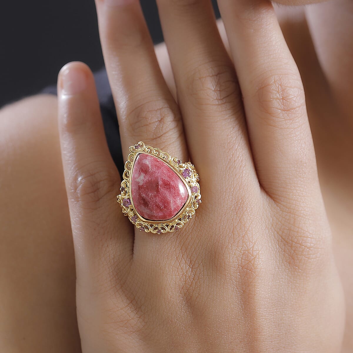 Karis Norwegian Thulite and Orissa Rhodolite Garnet 17.40 ctw Ring in 18K Yellow Gold Plated (Size 6.0) image number 2