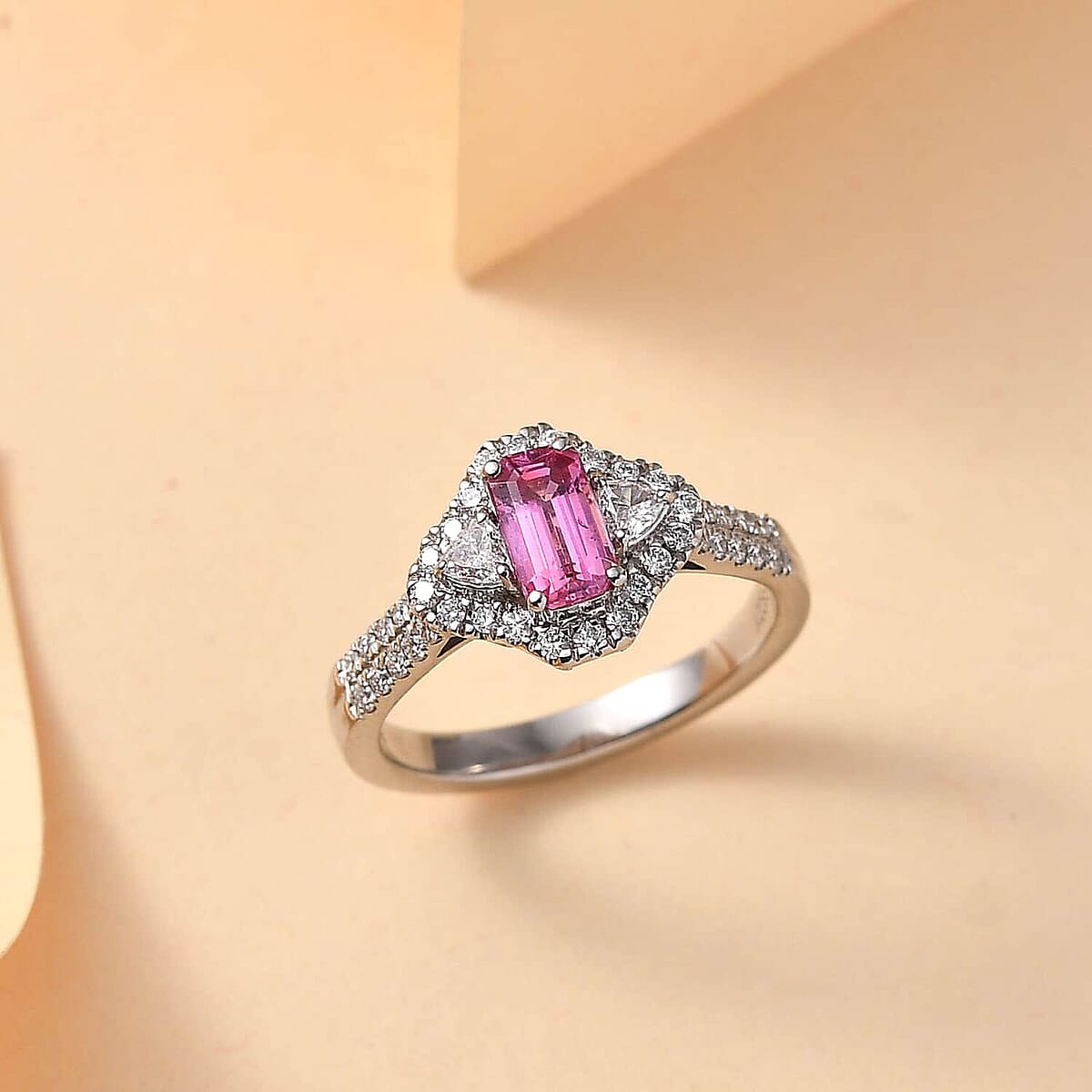 Certified & Appraised Rhapsody AAAA Padparadscha Sapphire and E-F VS2 Diamond 1.72 ctw Ring in 950 Platinum (Size 9.0) 6.50 Grams image number 1