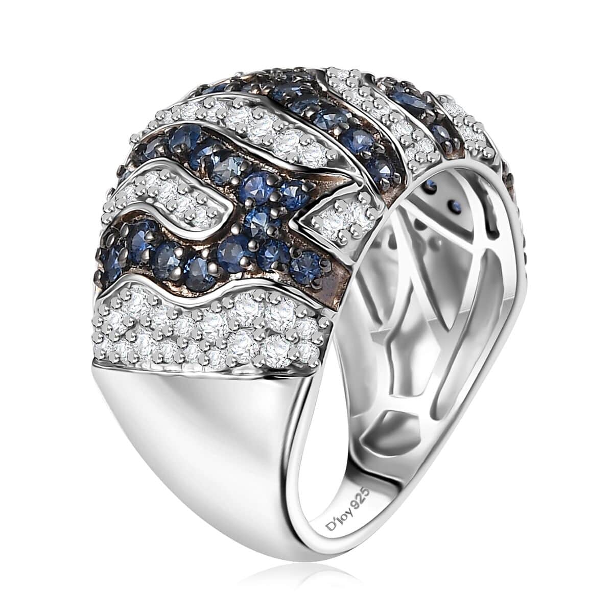 Ceylon Blue Sapphire and Moissanite 2.50 ctw River Flow Ring in Rhodium Over Sterling Silver (Size 10.0) image number 3