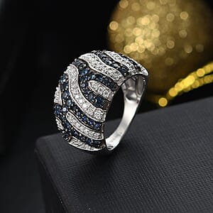 D'Joy Ceylon Blue Sapphire and Moissanite 2.50 ctw River Flow Ring in Rhodium Over Sterling Silver (Size 6.0)