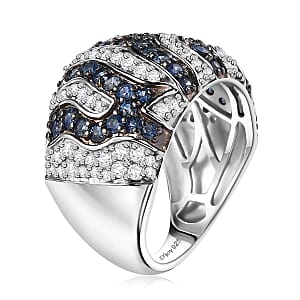 D'Joy Ceylon Blue Sapphire and Moissanite 2.50 ctw River Flow Ring in Rhodium Over Sterling Silver (Size 6.0)