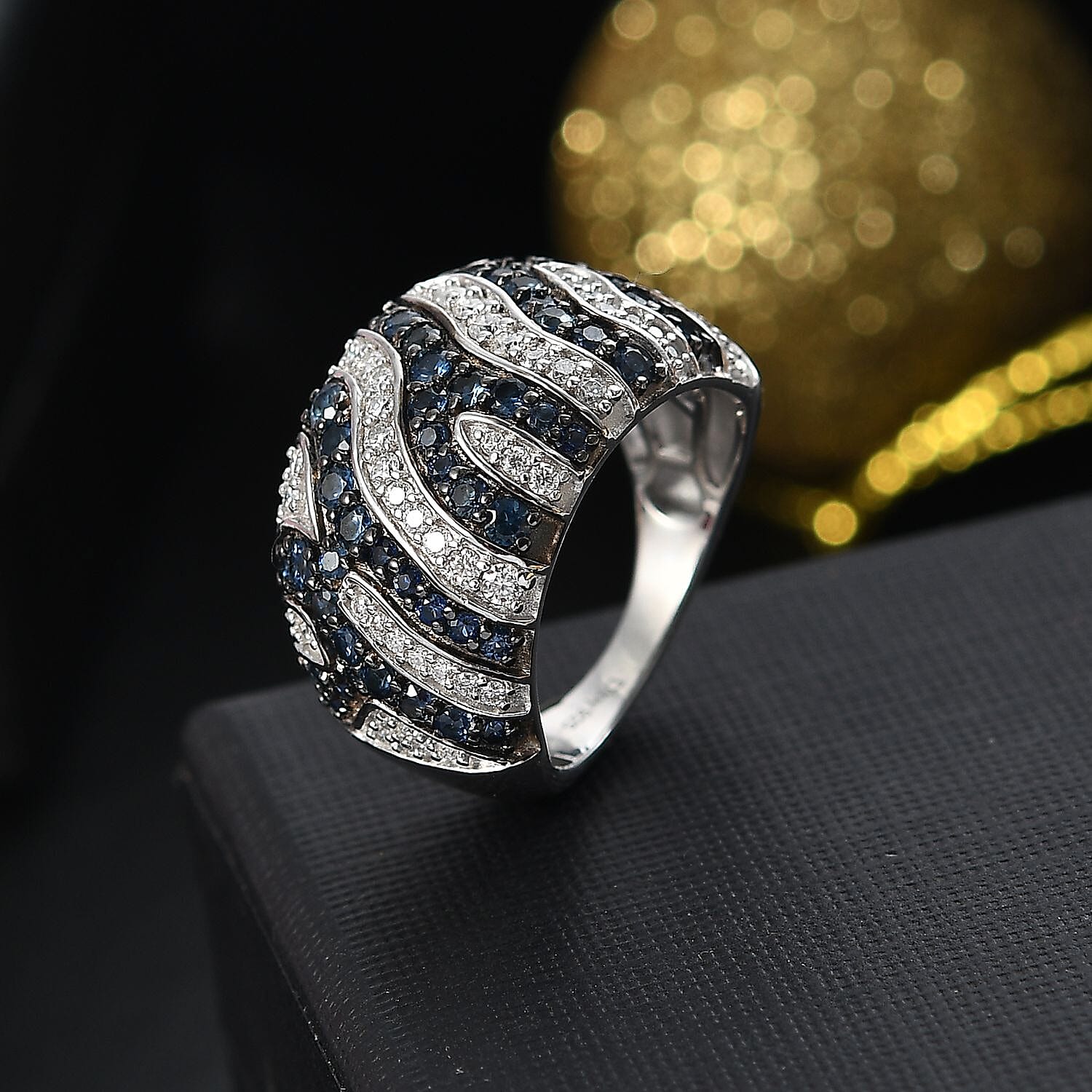 D'Joy Ceylon Blue Sapphire and Moissanite 2.50 ctw River Flow Ring in Rhodium Over Sterling Silver (Size 7.0)