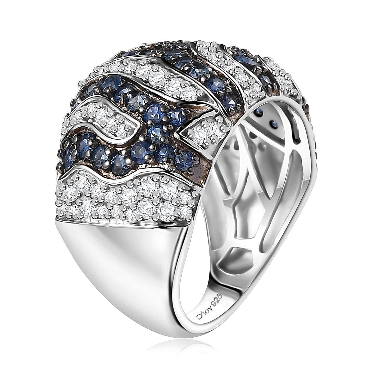 D'Joy Ceylon Blue Sapphire and Moissanite 2.50 ctw River Flow Ring in Rhodium Over Sterling Silver (Size 7.0)