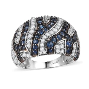 Ceylon Blue Sapphire and Moissanite 2.50 ctw River Flow Ring in Rhodium Over Sterling Silver (Size 9.0)