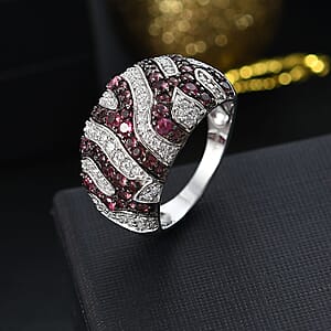 D'Joy Ouro Fino Rubellite and Moissanite 2.35 ctw River Flow Ring in Rhodium Over Sterling Silver (Size 5.0)