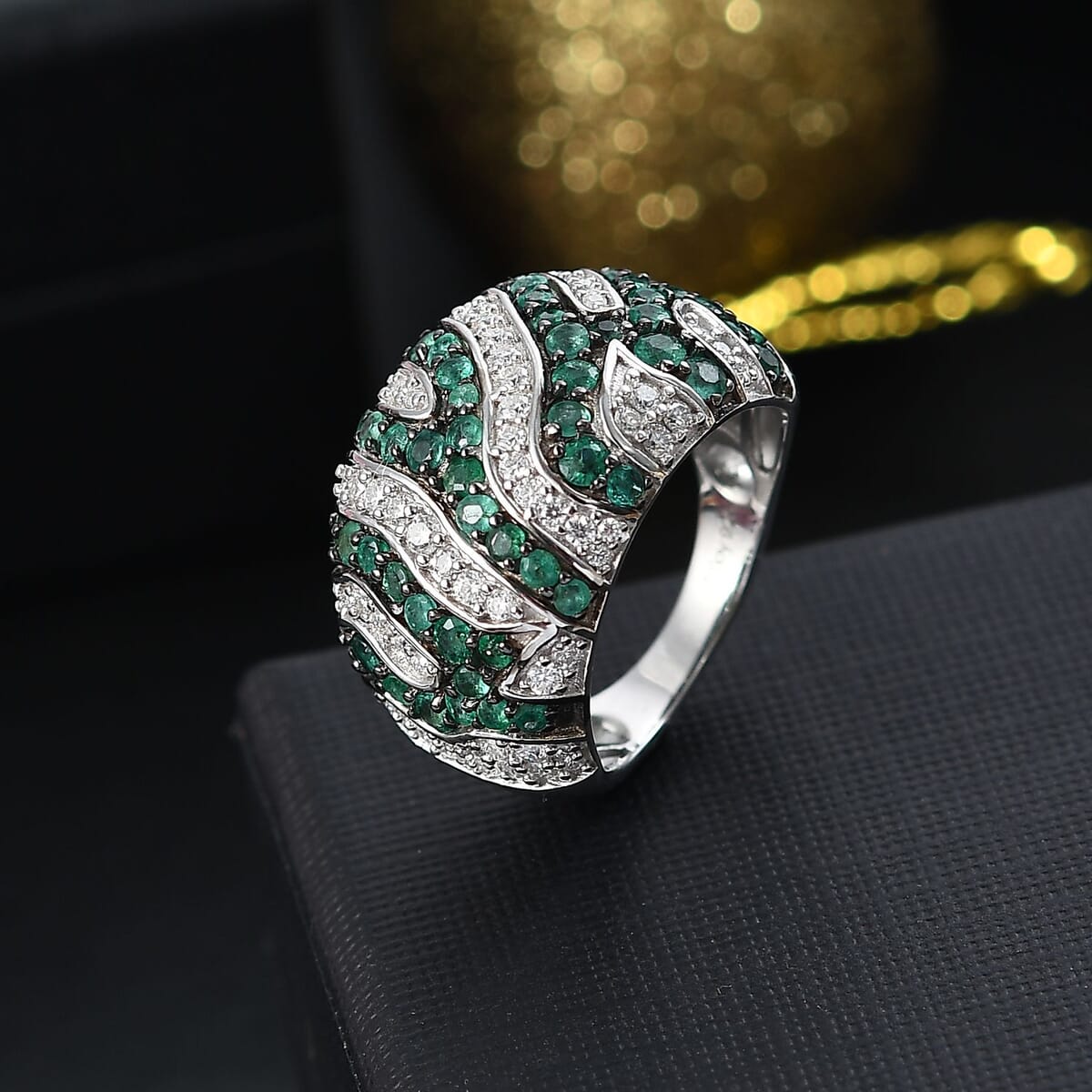 Kagem Zambian Emerald and Moissanite 2.60 ctw River Flow Ring in Rhodium Over Sterling Silver (Size 10.0) image number 1