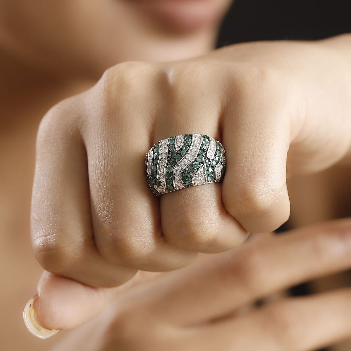 Kagem Zambian Emerald and Moissanite 2.60 ctw River Flow Ring in Rhodium Over Sterling Silver (Size 10.0) image number 2