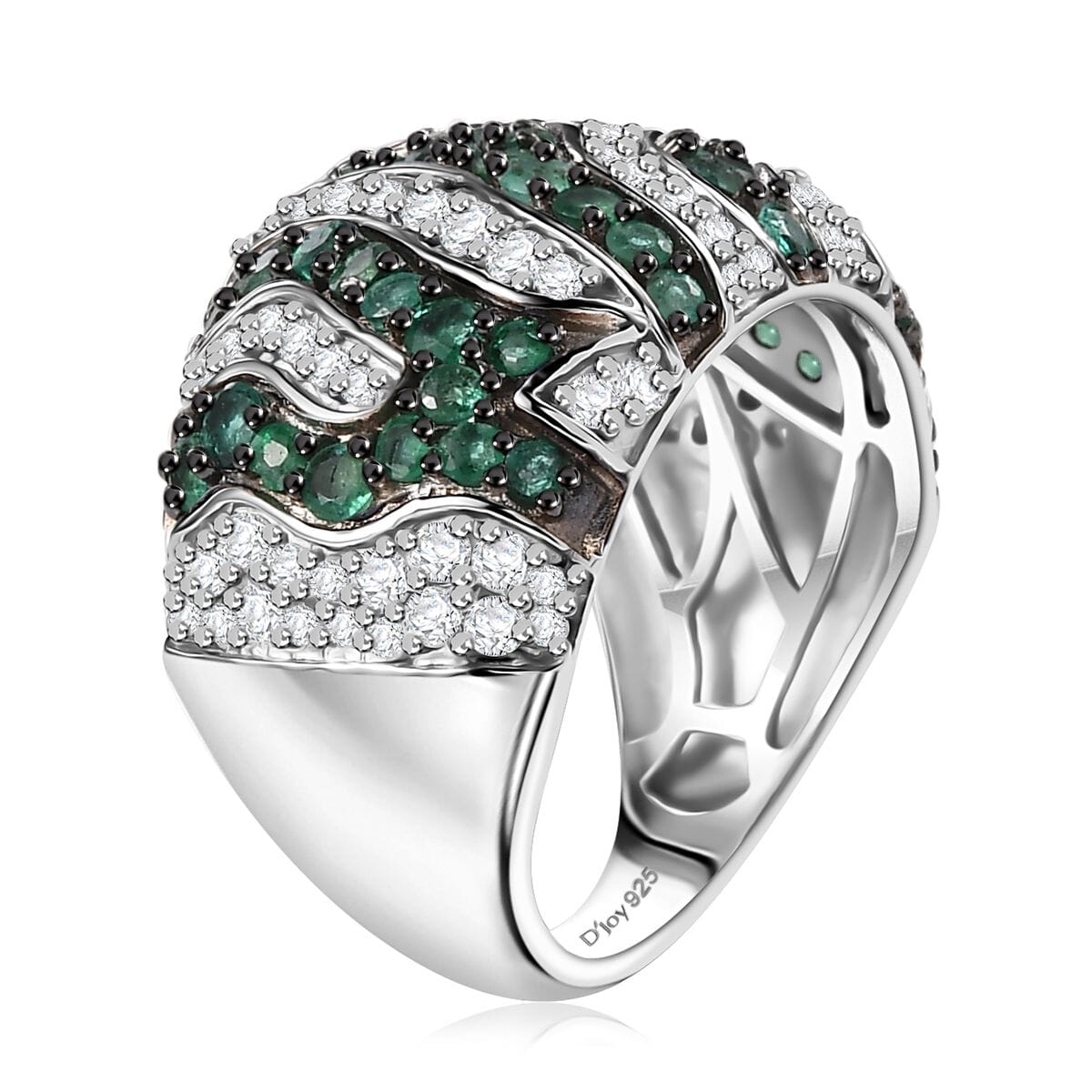 Kagem Zambian Emerald and Moissanite 2.60 ctw River Flow Ring in Rhodium Over Sterling Silver (Size 10.0) image number 3