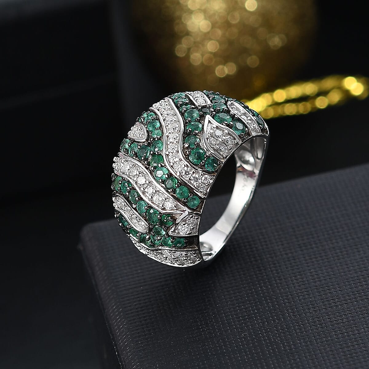 D'Joy Kagem Zambian Emerald and Moissanite 2.60 ctw River Flow Ring in Rhodium Over Sterling Silver (Size 5.0) image number 1