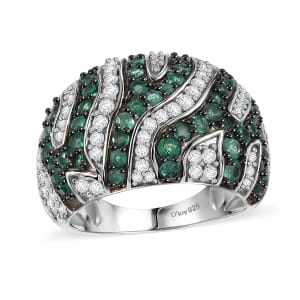 Kagem Zambian Emerald and Moissanite 2.60 ctw River Flow Ring in Rhodium Over Sterling Silver (Size 9.0)