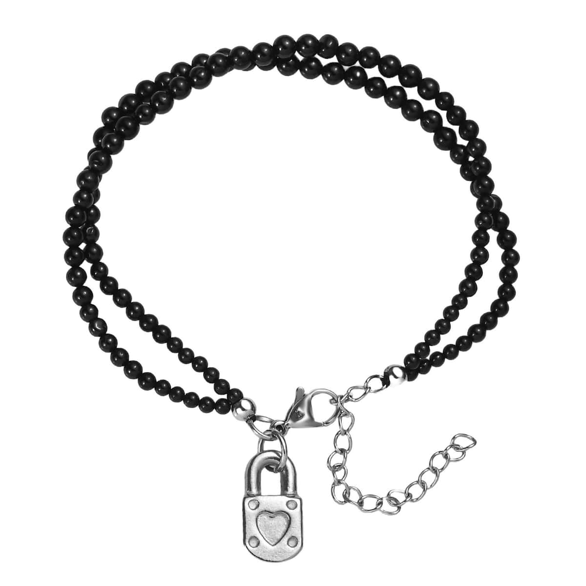 Thai Black Spinel 32.00 ctw Beaded Double Row Bracelet with Lock Charm in Stainless Steel (7.25-9.25In) image number 0