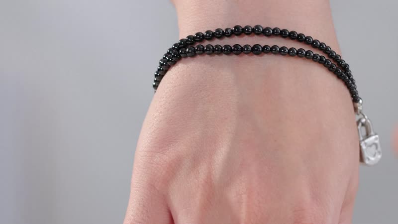 Thai Black Spinel 32.00 ctw Beaded Double Row Bracelet with Lock Charm in Stainless Steel (7.25-9.25In)