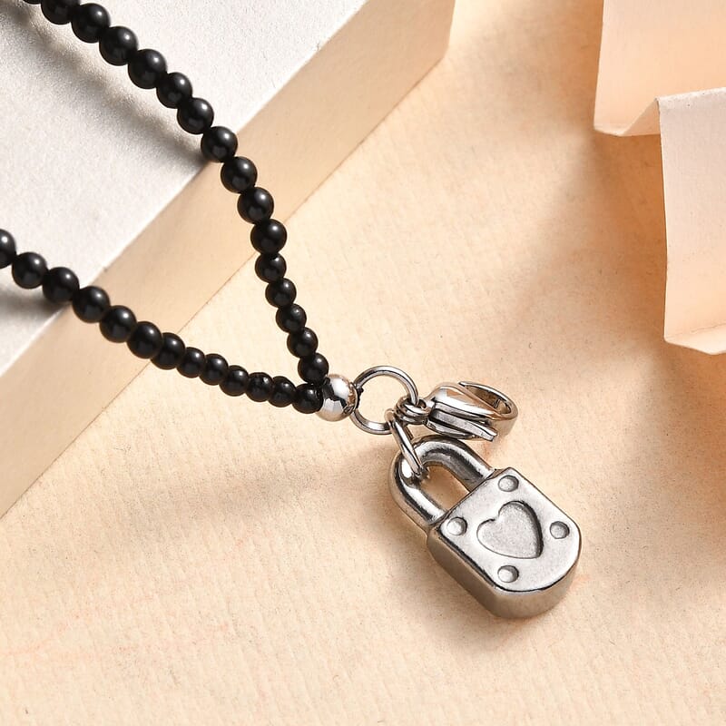 Thai Black Spinel 32.00 ctw Beaded Double Row Bracelet with Lock Charm in Stainless Steel (7.25-9.25In)