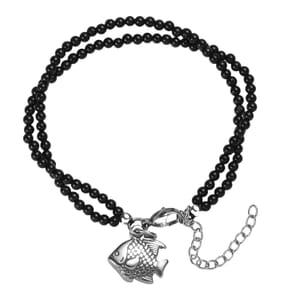 Thai Black Spinel 33.00 ctw Beaded Double Row Bracelet with Fish Charm in Stainless Steel (7.25-9.25In)