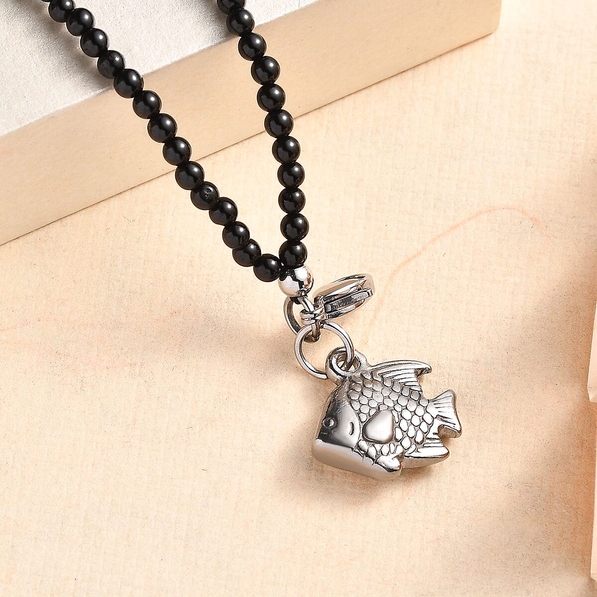 Thai Black Spinel 33.00 ctw Beaded Double Row Bracelet with Fish Charm in Stainless Steel (7.25-9.25In) image number 1