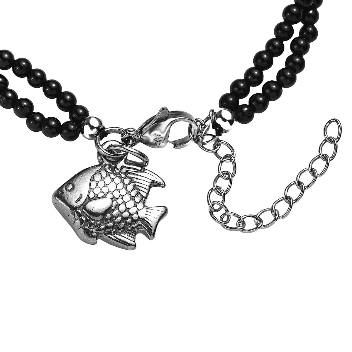 Thai Black Spinel 33.00 ctw Beaded Double Row Bracelet with Fish Charm in Stainless Steel (7.25-9.25In) image number 3