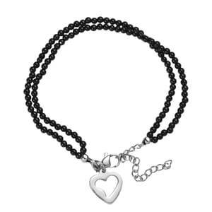 Thai Black Spinel 33.00 ctw Beaded Double Row Bracelet with Heart Charm in Stainless Steel (7.25-9.25In)