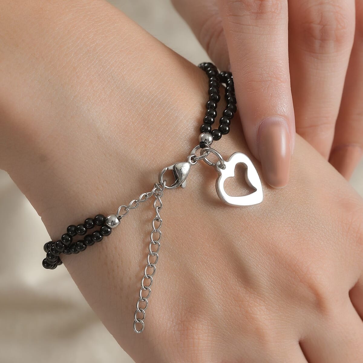 Thai Black Spinel 33.00 ctw Beaded Double Row Bracelet with Heart Charm in Stainless Steel (7.25-9.25In) image number 2