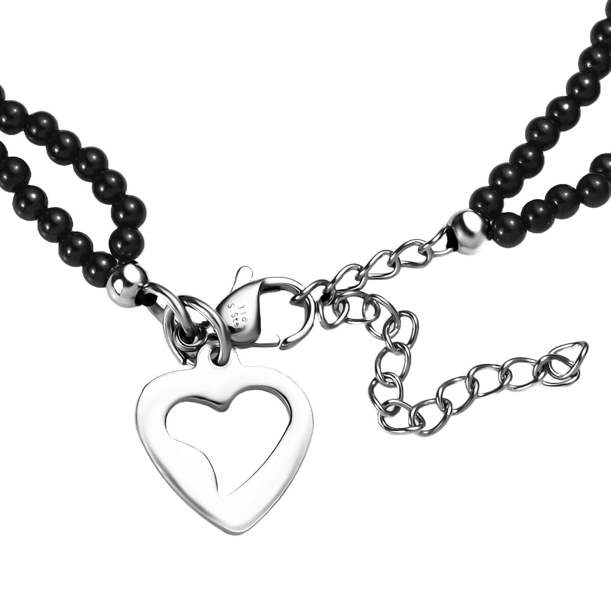 Thai Black Spinel 33.00 ctw Beaded Double Row Bracelet with Heart Charm in Stainless Steel (7.25-9.25In) image number 3