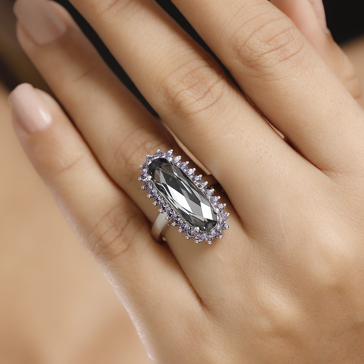 J Francis Embellished with Silver Night and Tanzanite Color Crystal by Swarovski Ring in Platinum Bond (Size 8.0) image number 2