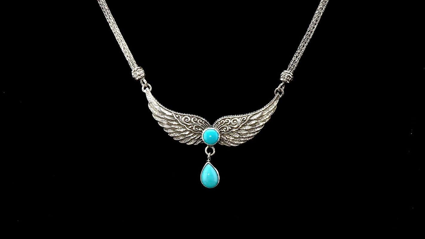 Bali Legacy Sleeping Beauty Turquoise 2.50 ctw Wings Necklace 20 Inches in Sterling Silver