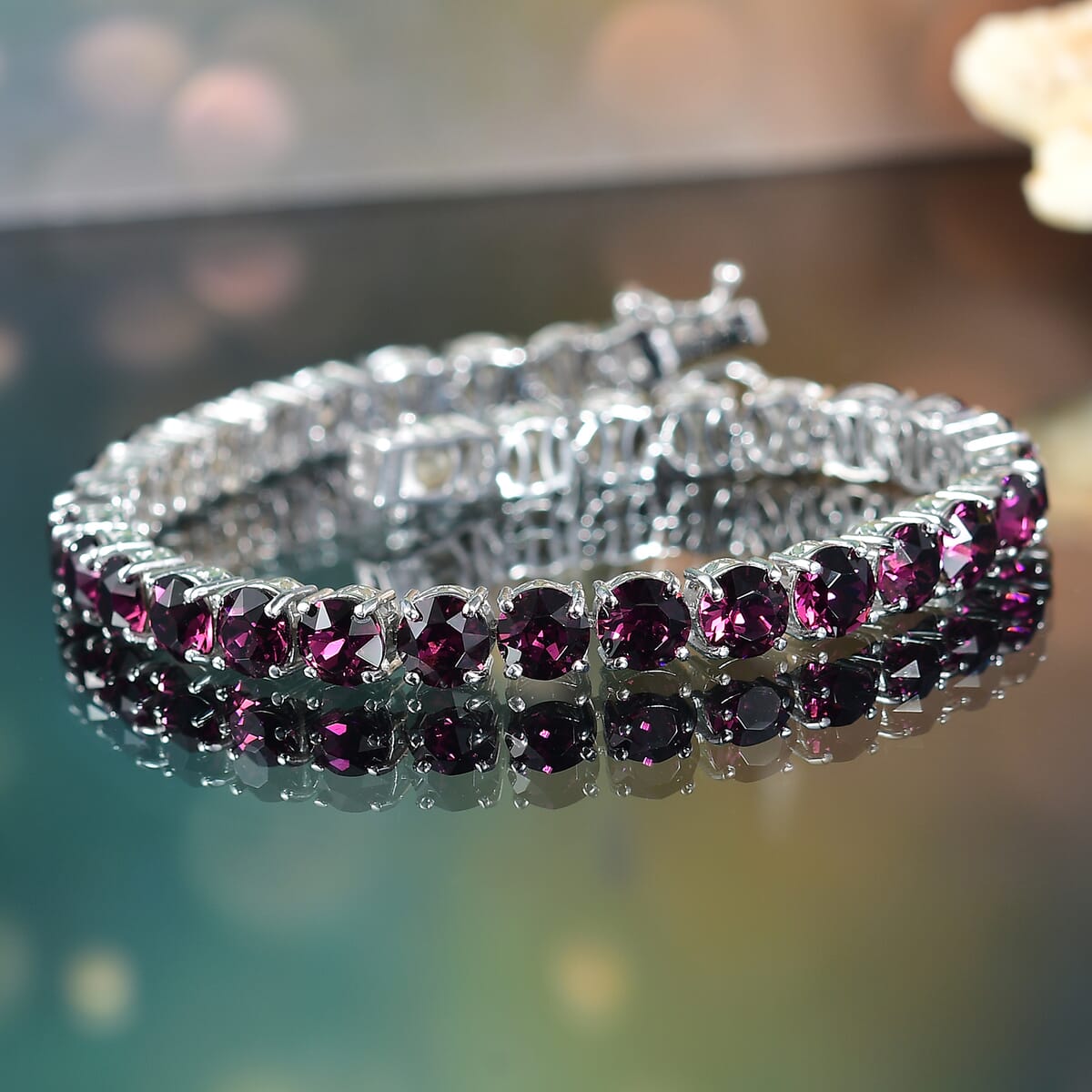 Karis J Francis Embellished with Foilback Amethyst Color Crystal by Swarovski Bracelet in Platinum Bond (6.50 In) 19.15 ctw image number 1