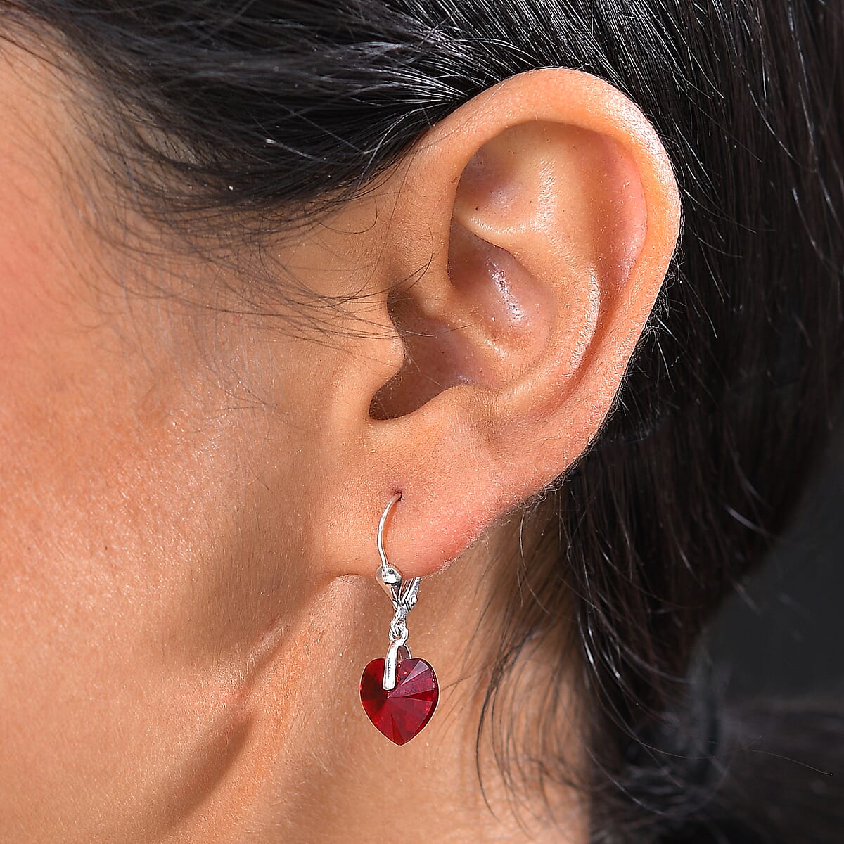 J Francis Embellished with Siam Color Crystal by Swarovski Hearts in Harmony Earrings in Sterling Silver image number 2