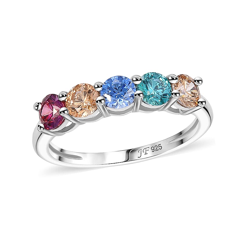 J Francis Embellished with Multi Color Zirconia by Swarovski 5 Stone Ring in Rhodium Over Sterling Silver (Size 10.0) 2.30 ctw
