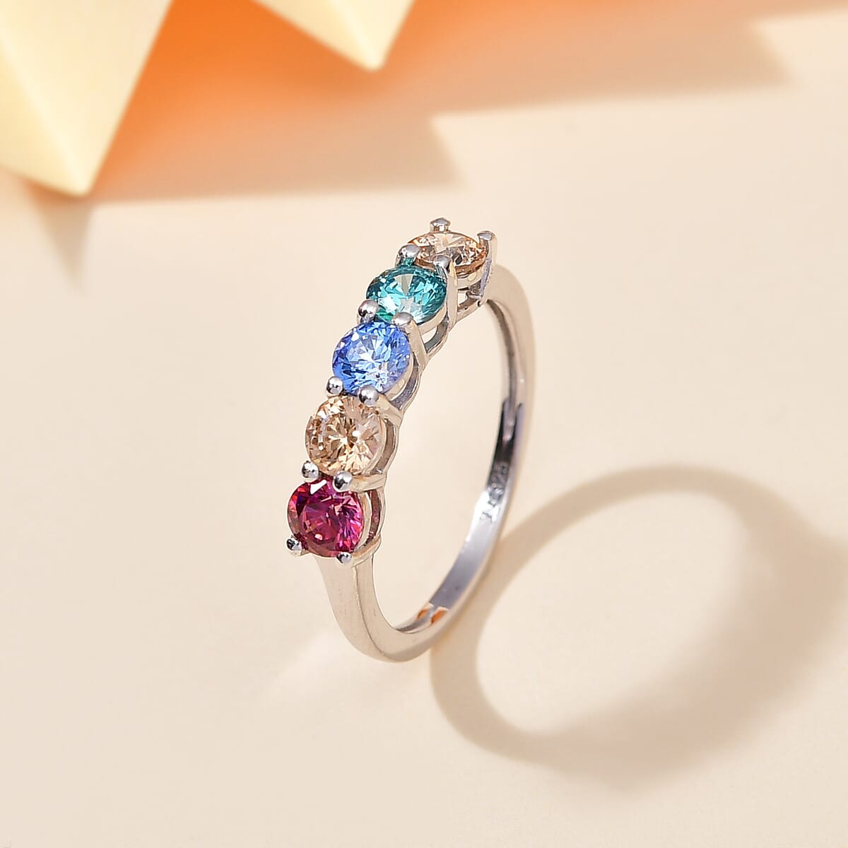 J Francis Embellished with Multi Color Zirconia by Swarovski 2.30 ctw 5 Stone Ring in Rhodium Over Sterling Silver (Size  10.0) image number 1