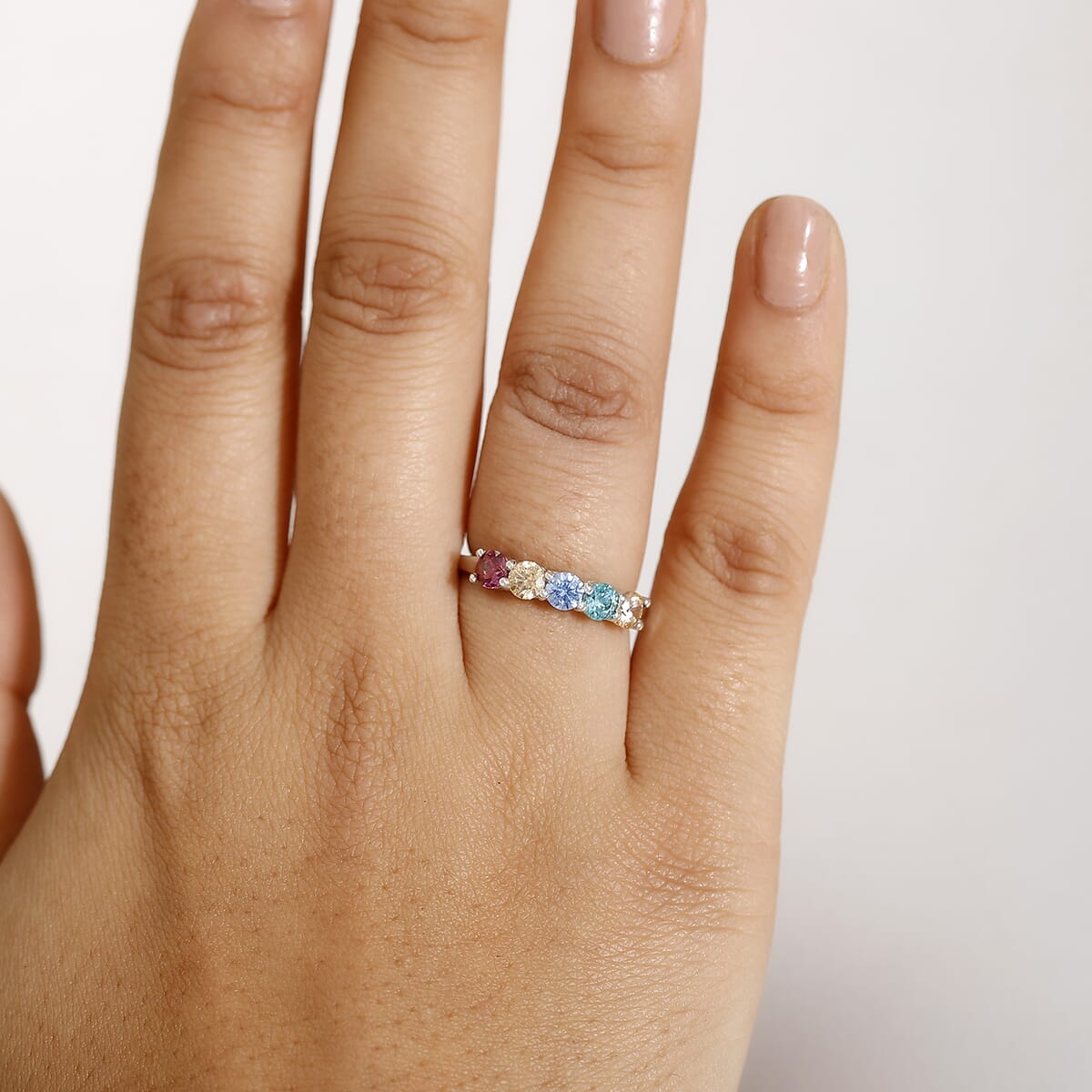 J Francis Embellished with Multi Color Zirconia by Swarovski 2.30 ctw 5 Stone Ring in Rhodium Over Sterling Silver (Size  10.0) image number 2