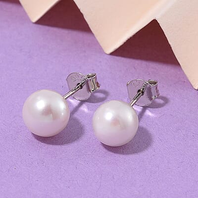 Japanese Akoya Pearl 7-8mm Stud Earrings in Rhodium Over Sterling Silver