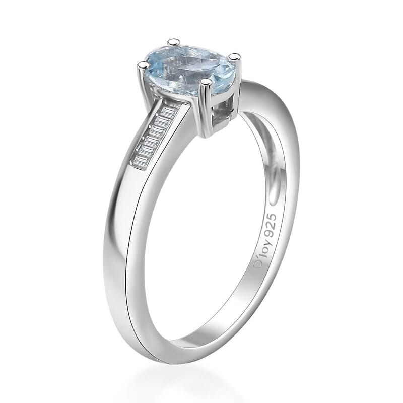 D'Joy Santa Maria Aquamarine and Moissanite 0.90 ctw Ring in Rhodium Over Sterling Silver (Size 10.0)