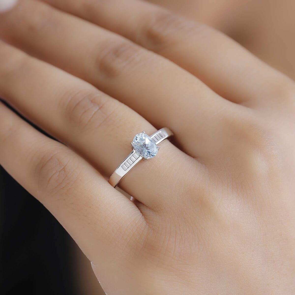 Santa Maria Aquamarine and Moissanite 0.90 ctw Ring in Rhodium Over Sterling Silver (Size 6.0) image number 2