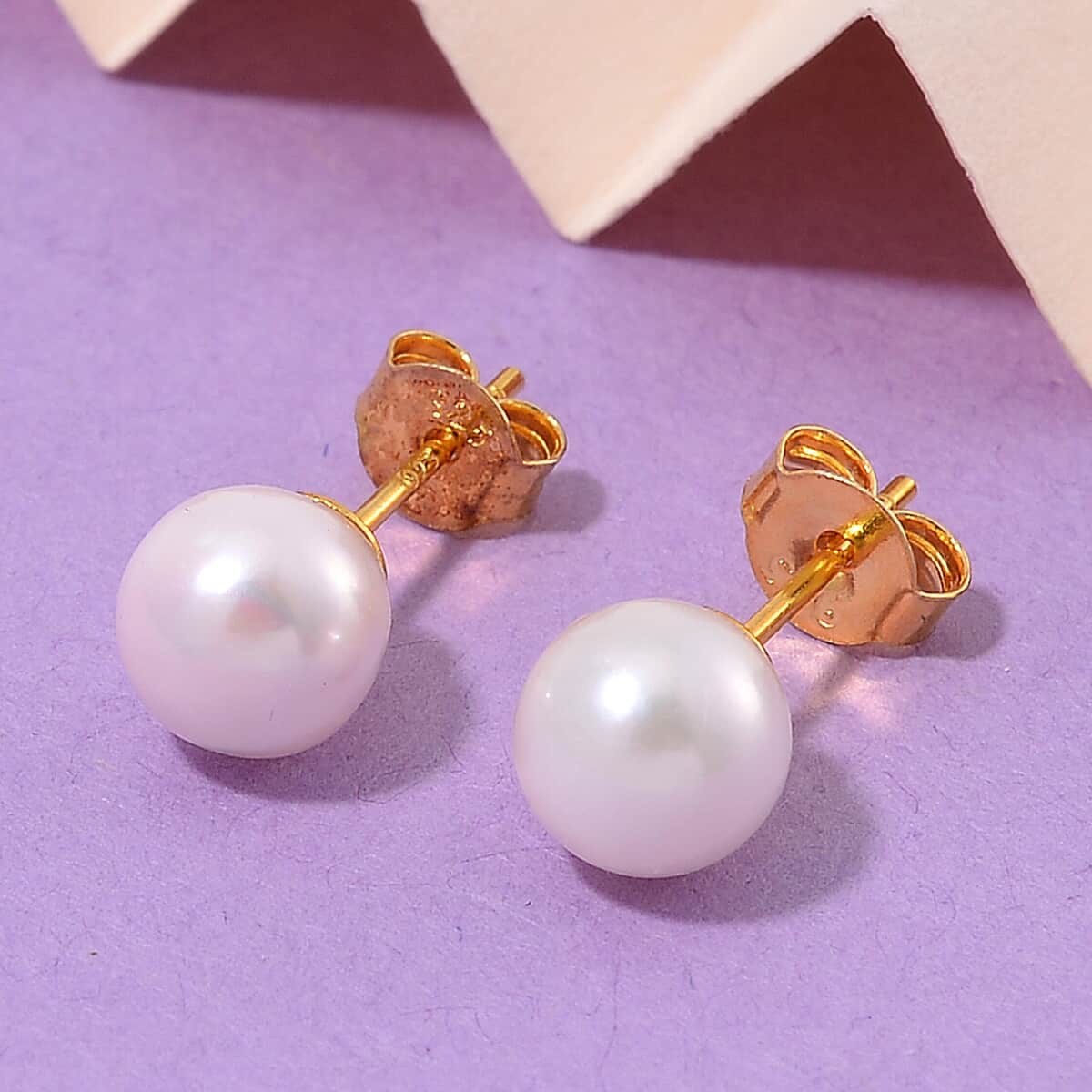 Japanese Akoya Pearl 7-8mm Earrings in 14K Yellow Gold Over Sterling Silver image number 1