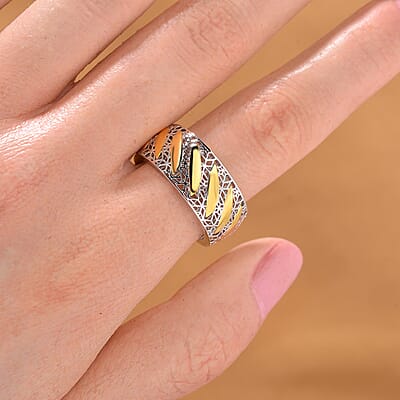 D'Joy GeoMesh Collection Filigree Ring in 14K YG and Rhodium Over Sterling Silver (Size 10.0) 3.15 Grams