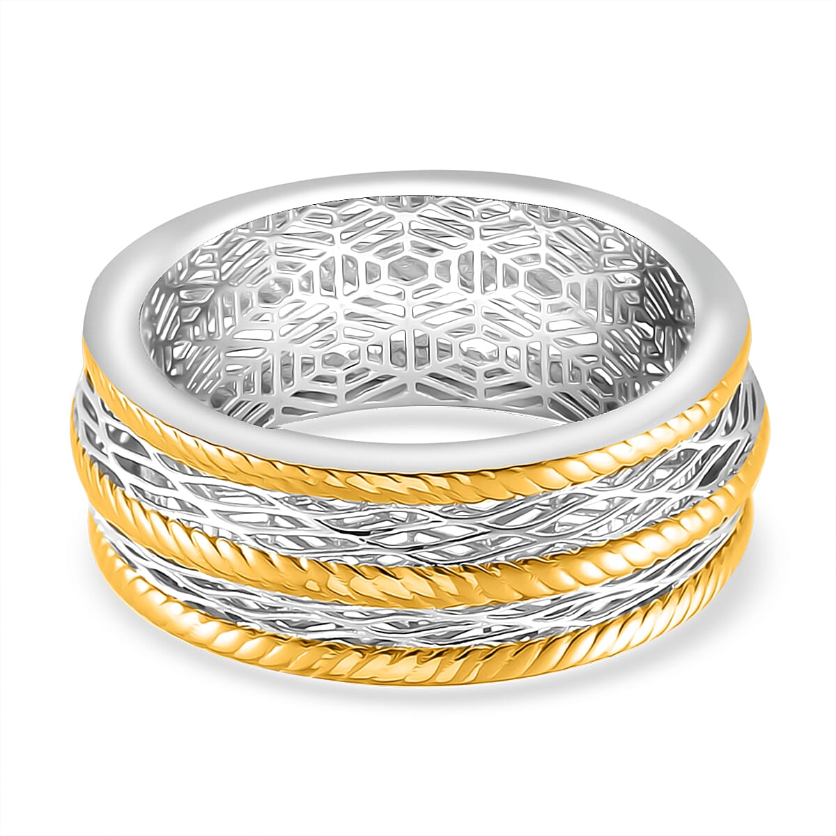 D'Joy GeoMesh Collection Band Ring in 14K YG and Rhodium Over Sterling Silver (Size 8.0) 3.65 Grams image number 3