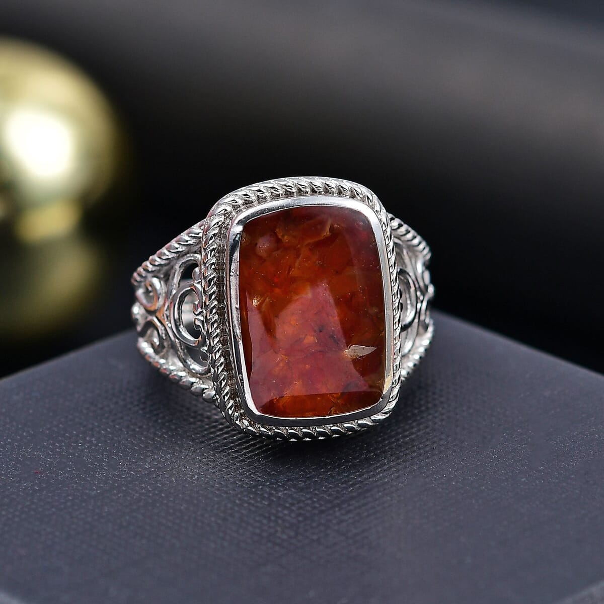 Matrix Fire Opal 8.00 ctw Ring in Platinum Over Copper with Magnet (Size 8.0) image number 1