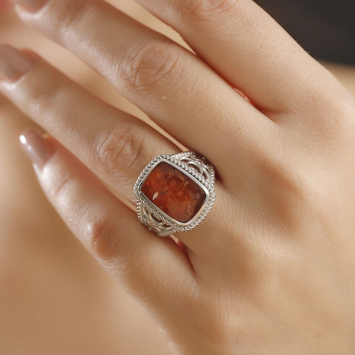 Matrix Fire Opal 8.00 ctw Ring in Platinum Over Copper with Magnet (Size 8.0) image number 2