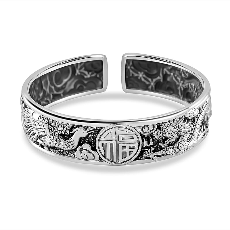 Dragon and Phoenix Cuff Bracelet in 999 Fine Silver (7.25 In) 48.35 Grams